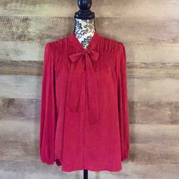 Tops - Rust Pussy Bow Tie Blouse